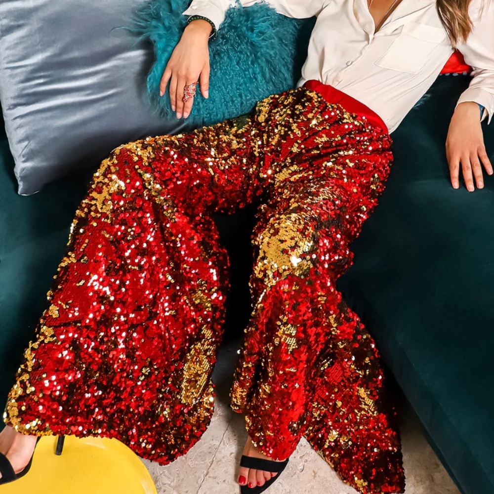 NWT RED SEQUIN WIDE LEG PALAZZO PANTS size 8 plus size 14